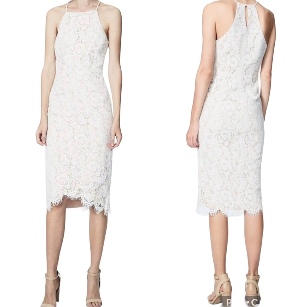 Fame and Partners White Lace Overlay Midi Sheath Dress